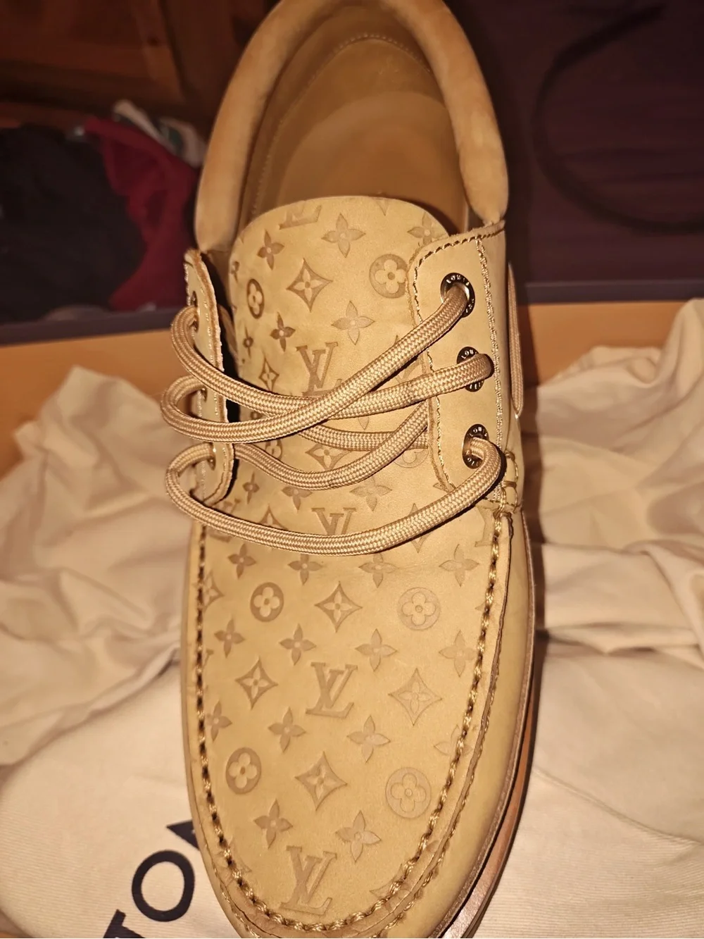 Louis Vuitton Tan Monogram Suede Men’s Boat Shoe